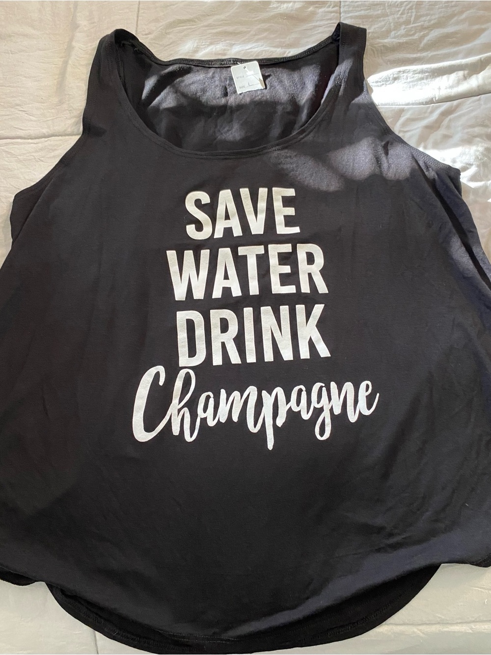 Women’s Black Muscle Tee – Save Water Drink Champagne